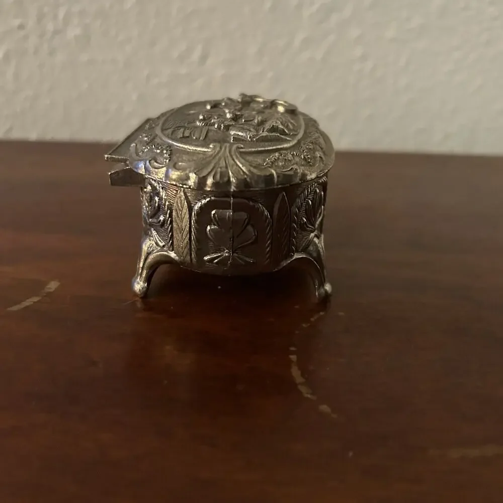 VTG English Silver Tone Jewelry Box Footed Lined Ornate Courting Patina Raised
